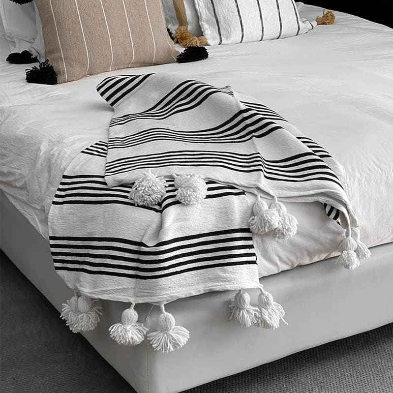 Moroccan Pompom throw blanket for sofa