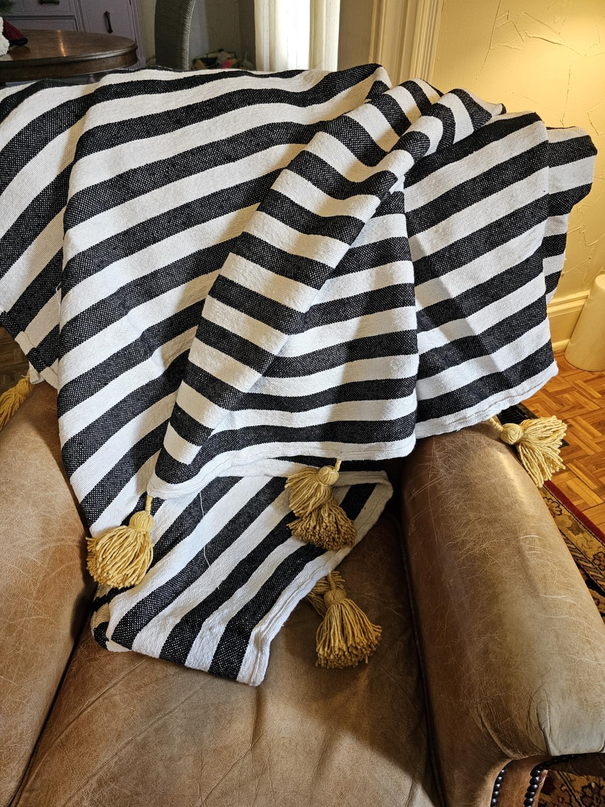 Moroccan Pompom throw blanket for sofa - Black and White Stripe with Mustard Yellow Pom-poms