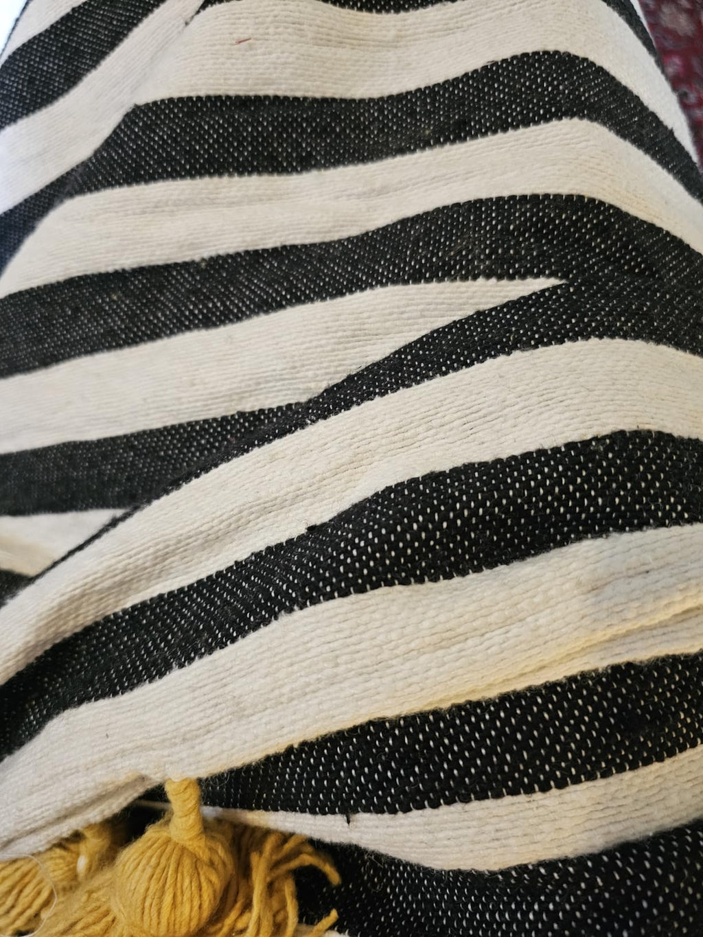 Moroccan Pompom throw blanket for sofa - Black and White Stripe with Mustard Yellow Pom-poms