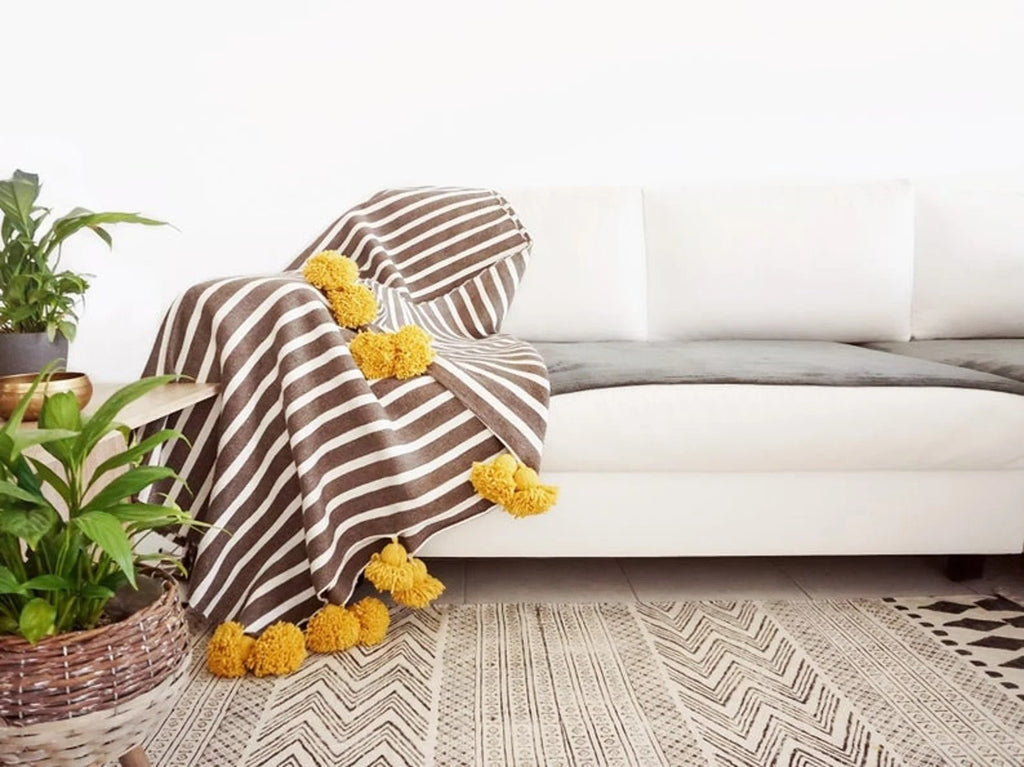 Moroccan Pompom throw blanket for sofa