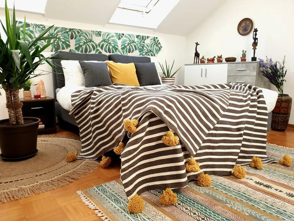 Moroccan Pompom throw blanket for sofa