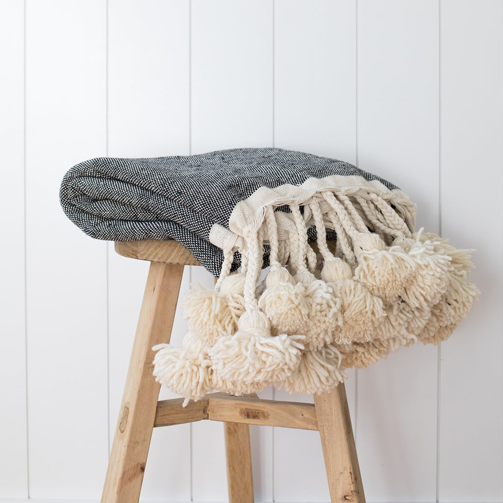 Moroccan Pompom throw blanket for sofa