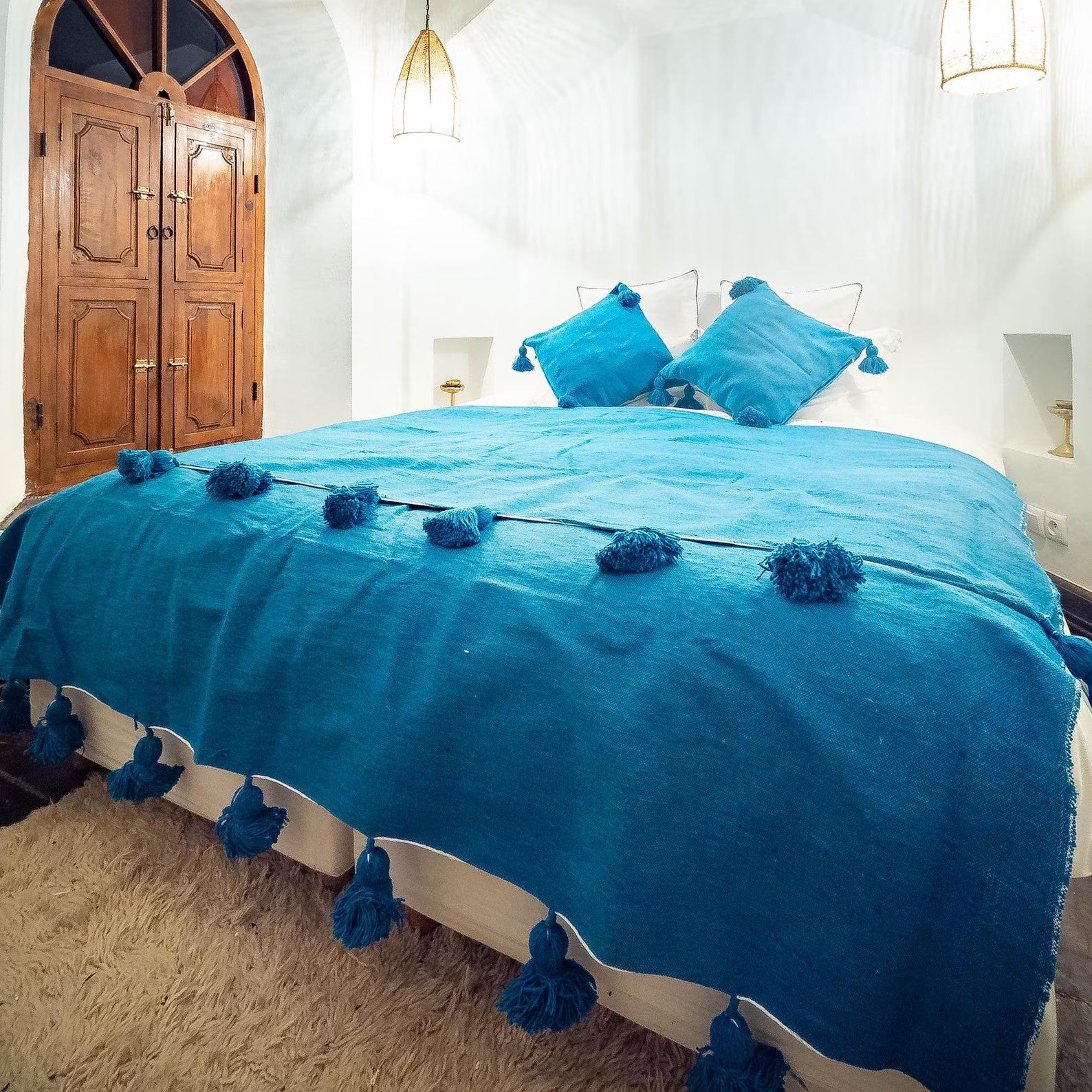 Moroccan Pompom throw blanket for sofa