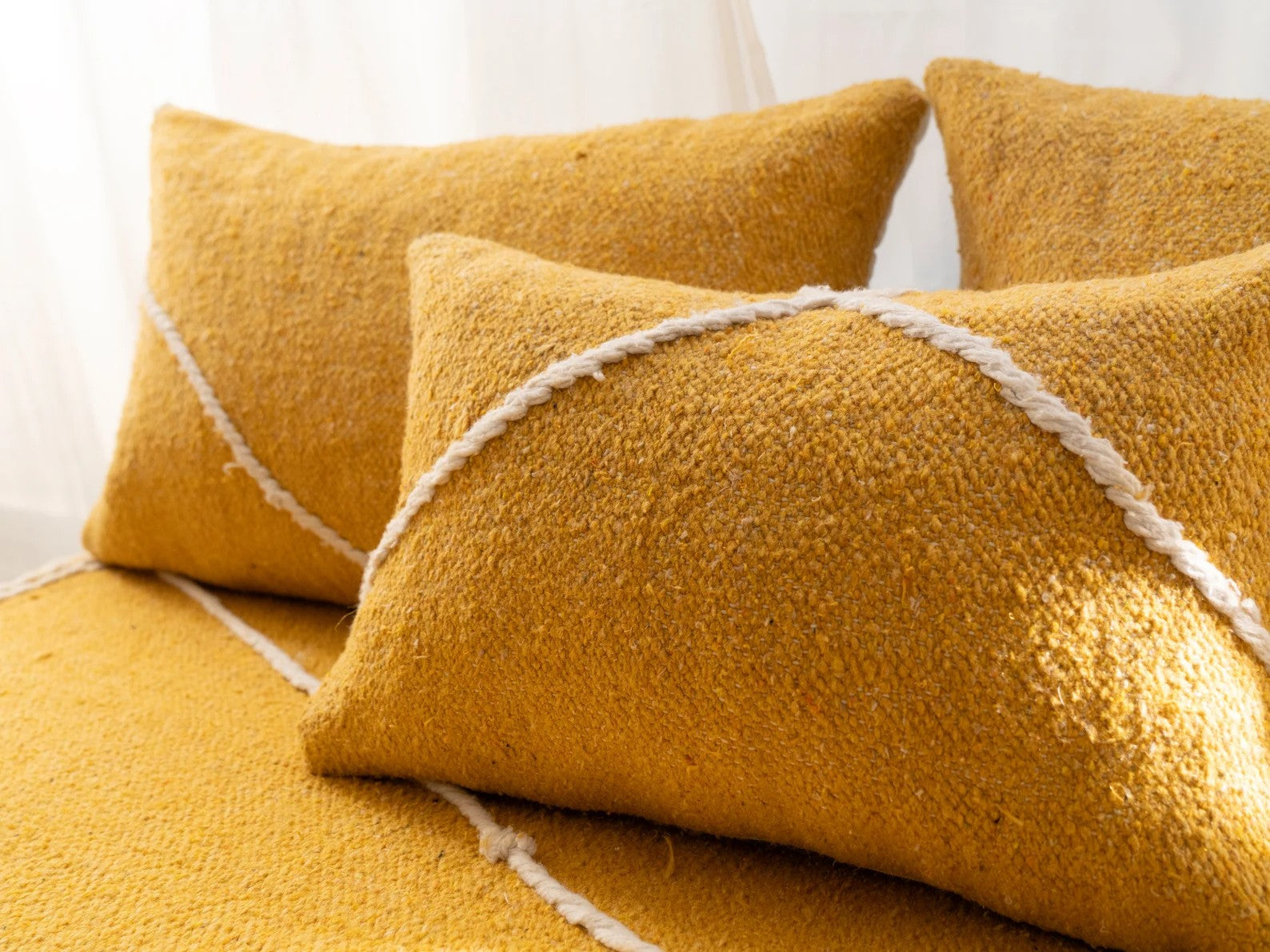 Yellow Modular Floor Cushions, White Striped Moroccan Floor Pillows, Loveseat Sofa, Floor Couches, Living Room Sofa