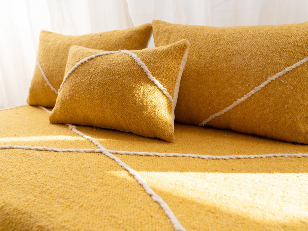 Yellow Modular Floor Cushions, White Striped Moroccan Floor Pillows, Loveseat Sofa, Floor Couches, Living Room Sofa