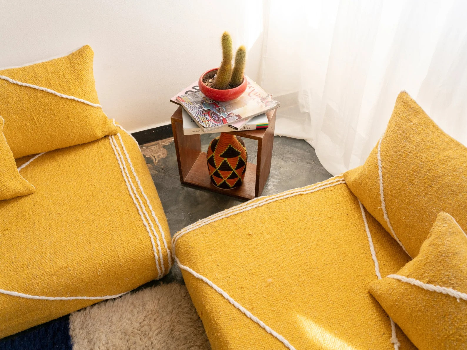 Yellow Modular Floor Cushions, White Striped Moroccan Floor Pillows, Loveseat Sofa, Floor Couches, Living Room Sofa