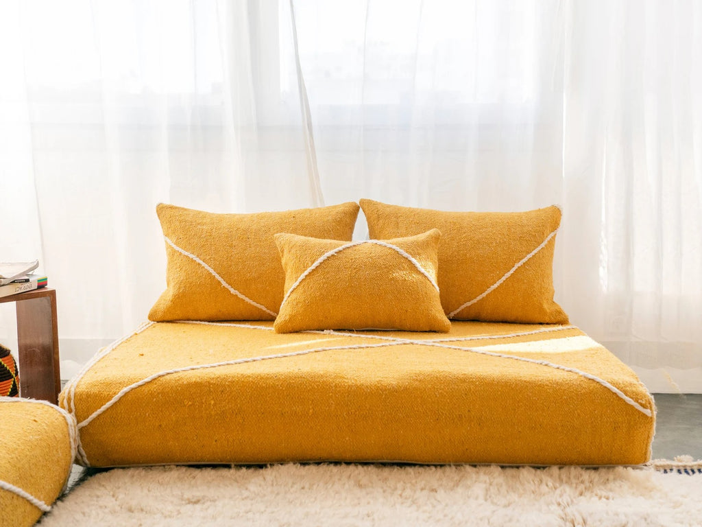 Yellow Modular Floor Cushions, White Striped Moroccan Floor Pillows, Loveseat Sofa, Floor Couches, Living Room Sofa