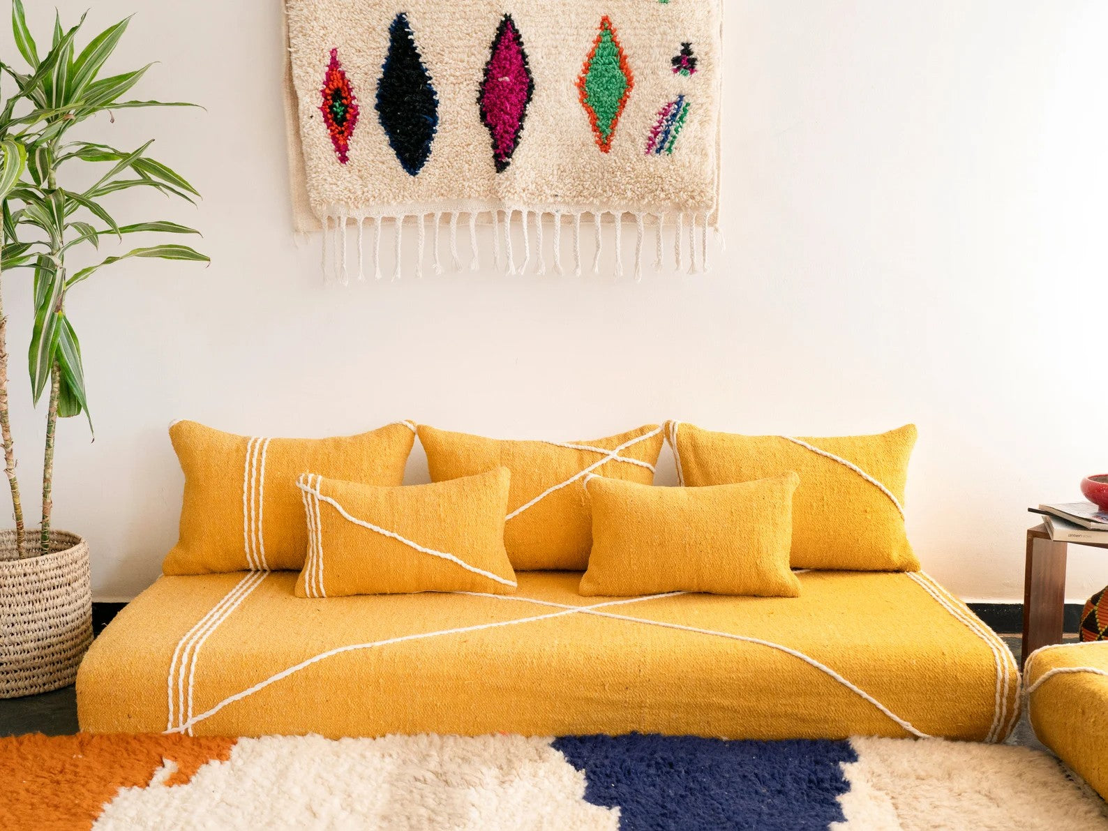 Yellow Modular Floor Cushions, White Striped Moroccan Floor Pillows, Loveseat Sofa, Floor Couches, Living Room Sofa