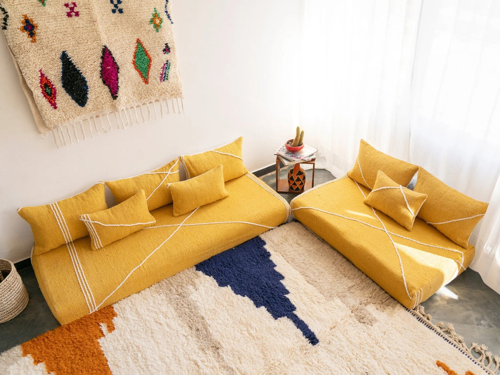 Yellow Modular Floor Cushions, White Striped Moroccan Floor Pillows, Loveseat Sofa, Floor Couches, Living Room Sofa