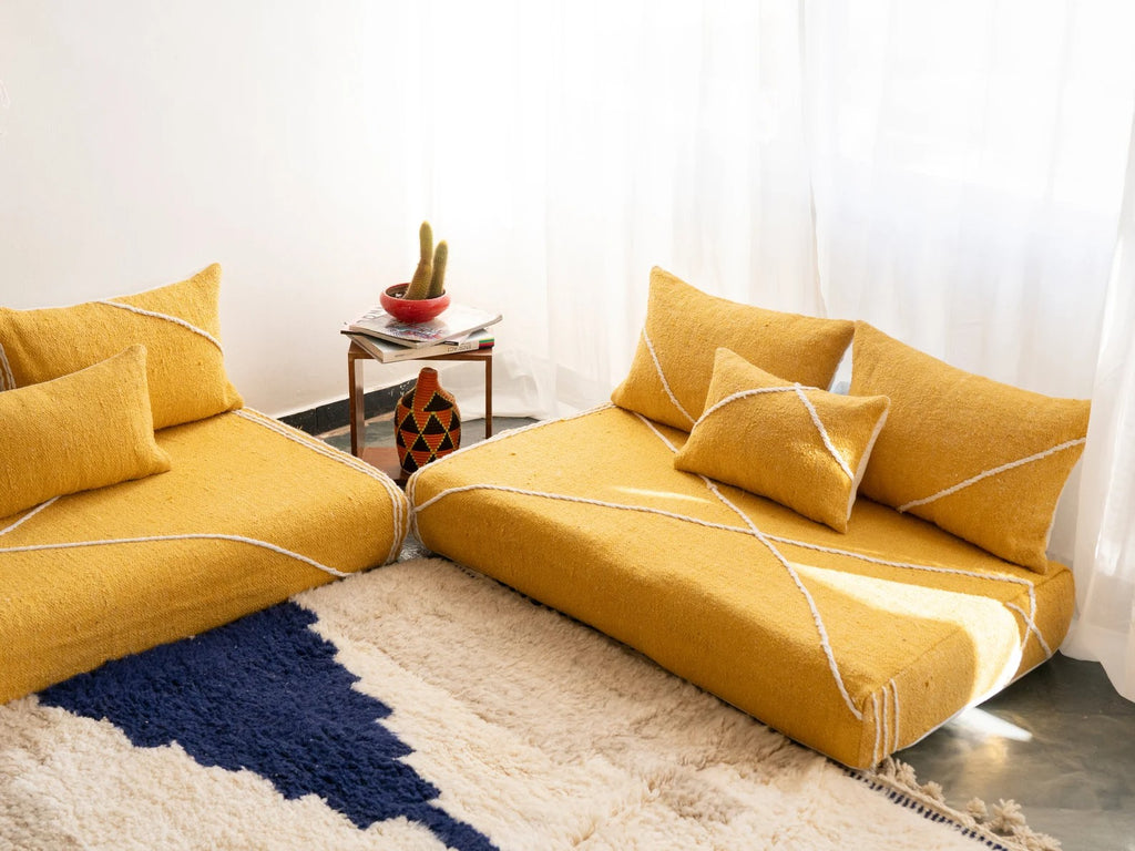 Yellow Modular Floor Cushions, White Striped Moroccan Floor Pillows, Loveseat Sofa, Floor Couches, Living Room Sofa