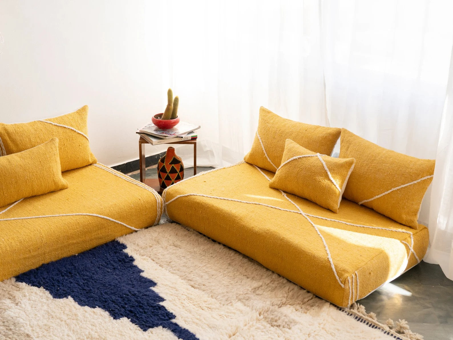 Yellow Modular Floor Cushions, White Striped Moroccan Floor Pillows, Loveseat Sofa, Floor Couches, Living Room Sofa