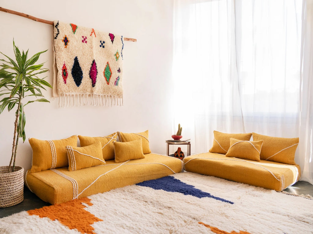Yellow Modular Floor Cushions, White Striped Moroccan Floor Pillows, Loveseat Sofa, Floor Couches, Living Room Sofa