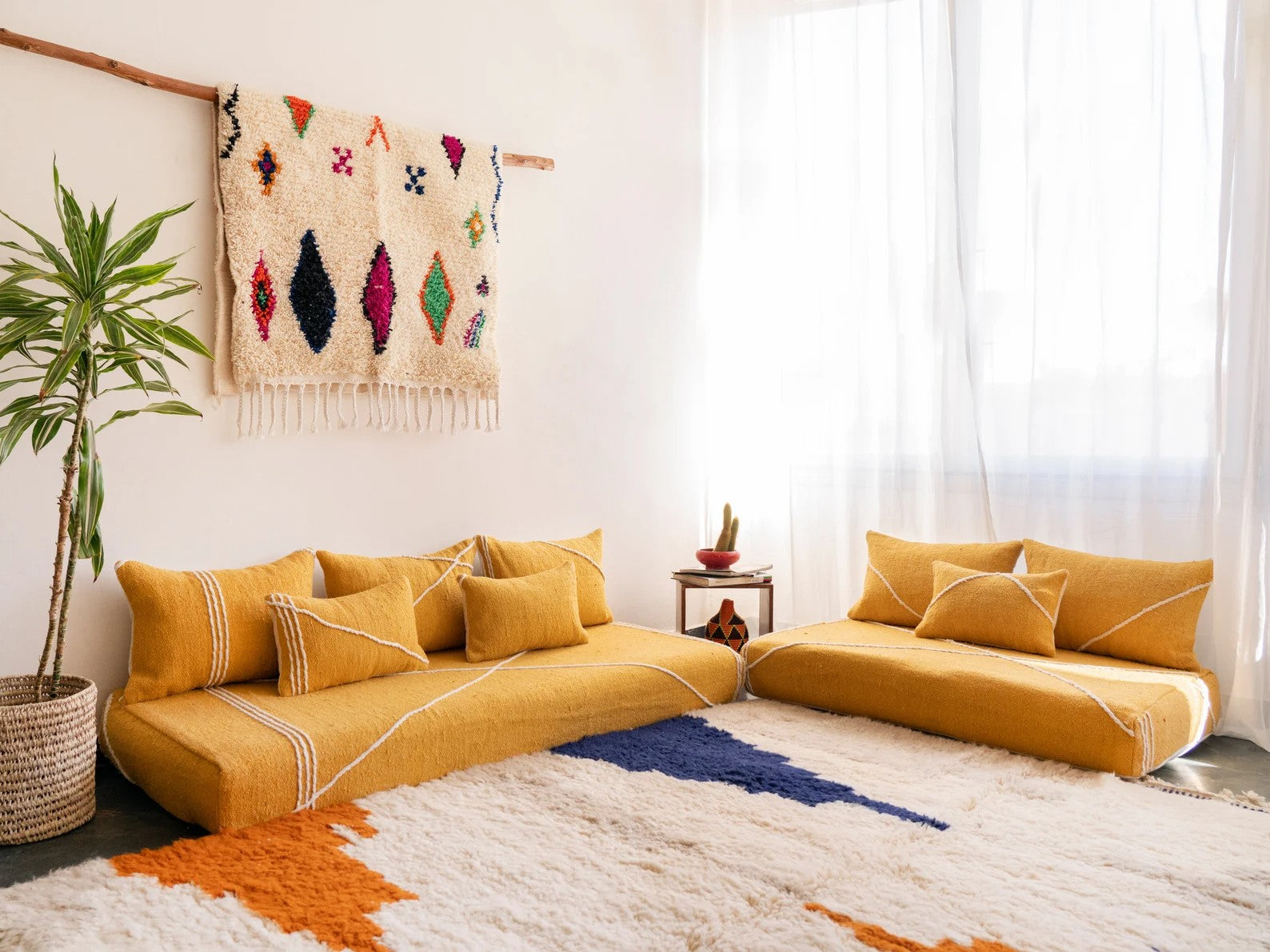 Yellow Modular Floor Cushions, White Striped Moroccan Floor Pillows, Loveseat Sofa, Floor Couches, Living Room Sofa
