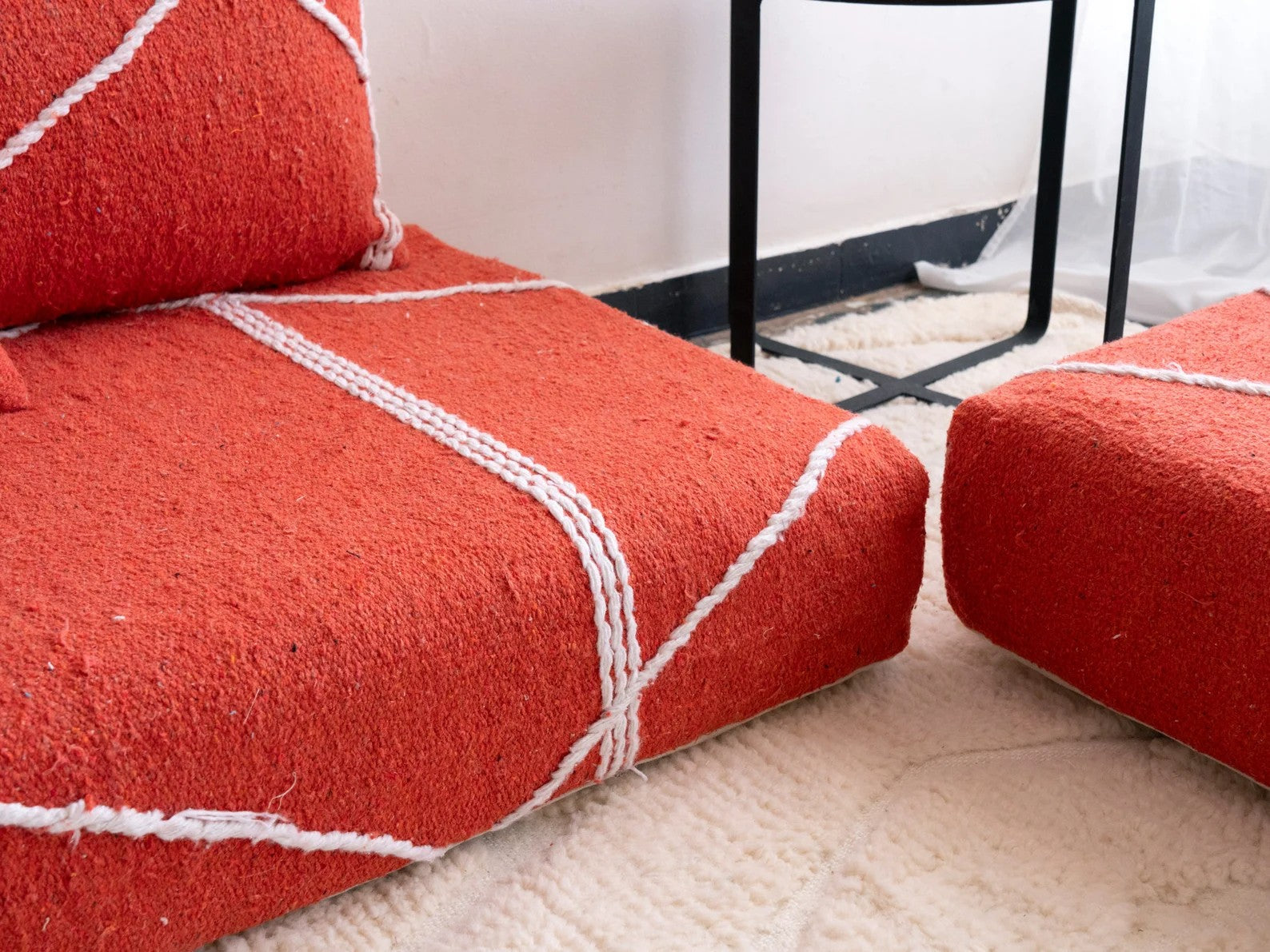 Red Modular Floor Cushions, White Striped Moroccan Floor Pillows, Loveseat Sofa, Floor Couches, Living Room Sofa