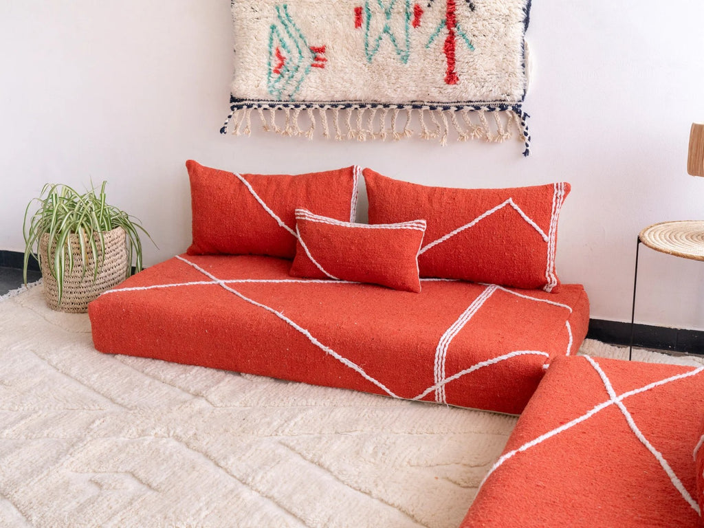 Red Modular Floor Cushions, White Striped Moroccan Floor Pillows, Loveseat Sofa, Floor Couches, Living Room Sofa