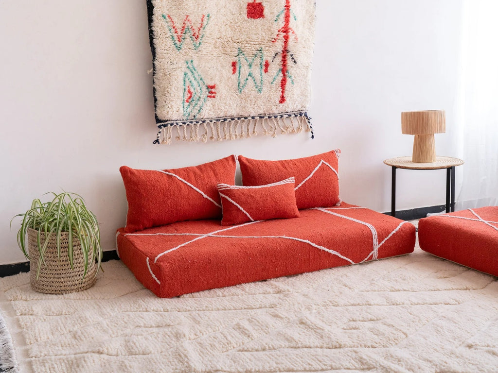 Red Modular Floor Cushions, White Striped Moroccan Floor Pillows, Loveseat Sofa, Floor Couches, Living Room Sofa