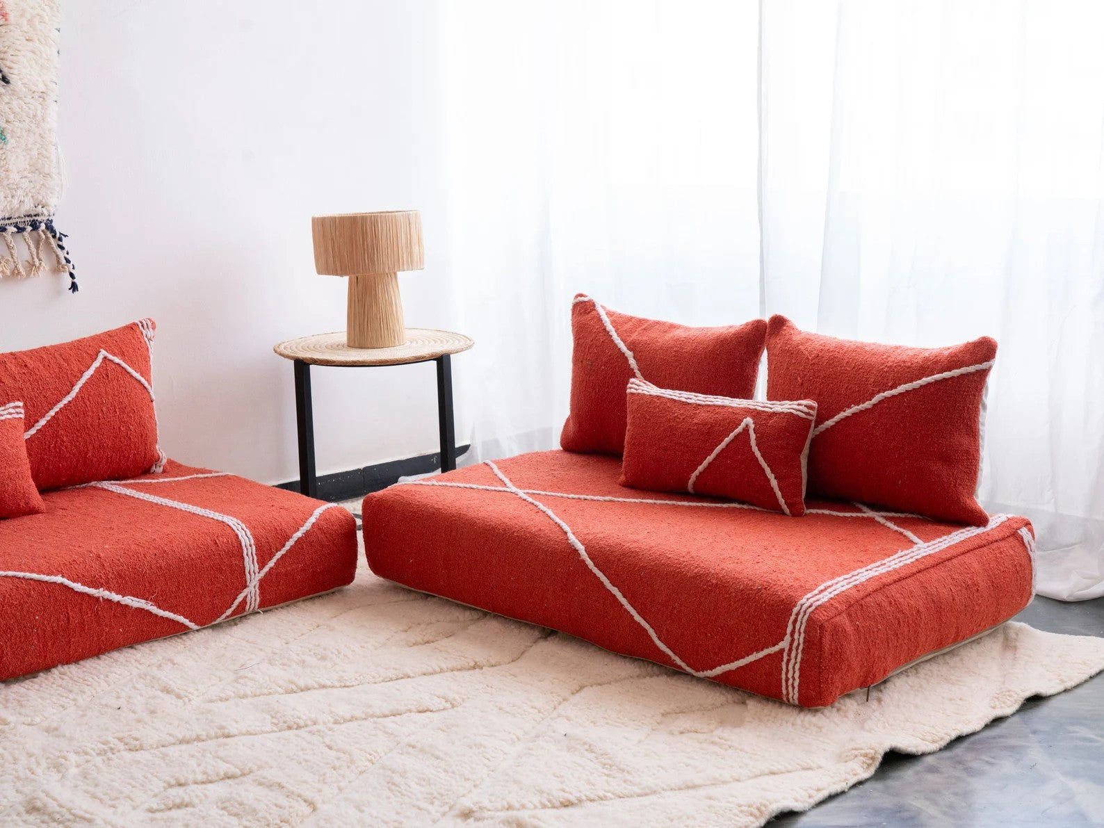 Red Modular Floor Cushions, White Striped Moroccan Floor Pillows, Loveseat Sofa, Floor Couches, Living Room Sofa