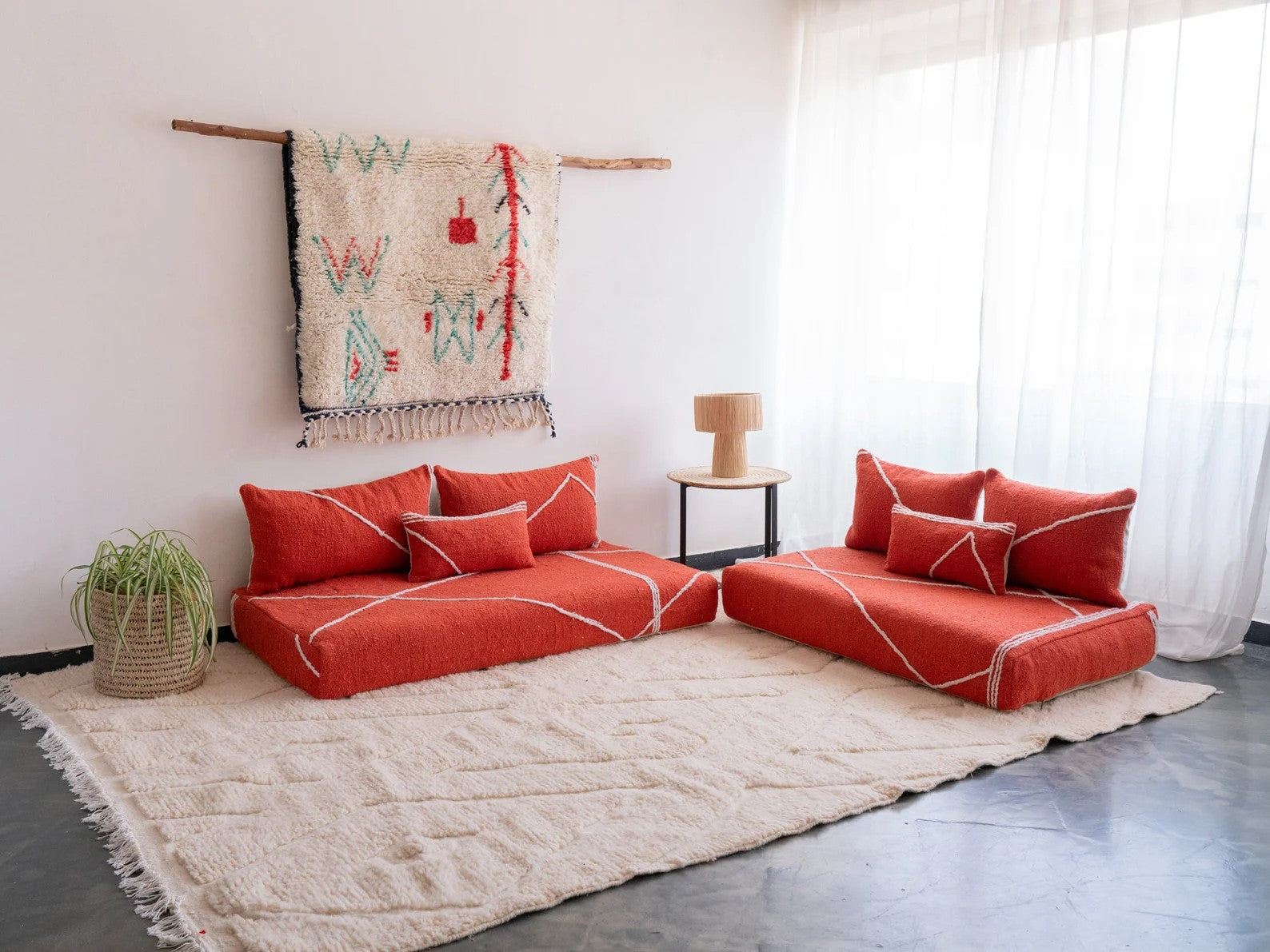 Red Modular Floor Cushions, White Striped Moroccan Floor Pillows, Loveseat Sofa, Floor Couches, Living Room Sofa