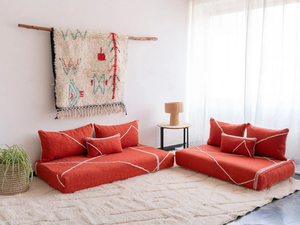 Red Modular Floor Cushions, White Striped Moroccan Floor Pillows, Loveseat Sofa, Floor Couches, Living Room Sofa