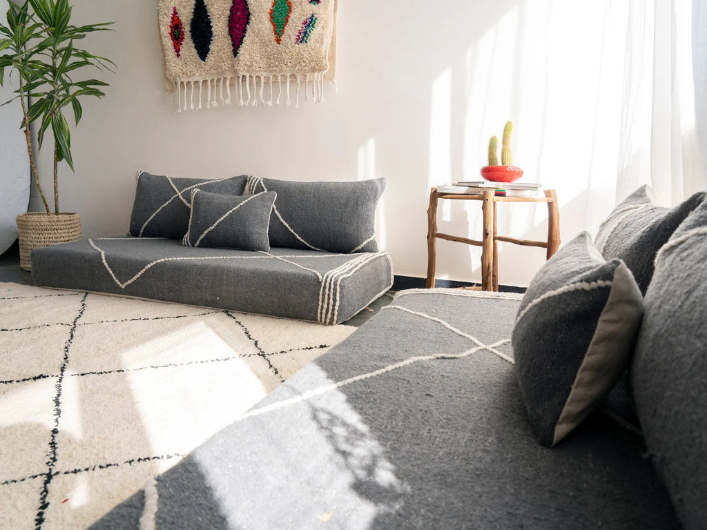 Yellow Modular Floor Cushions, White Striped Moroccan Floor Pillows, Loveseat Sofa, Floor Couches, Living Room Sofa