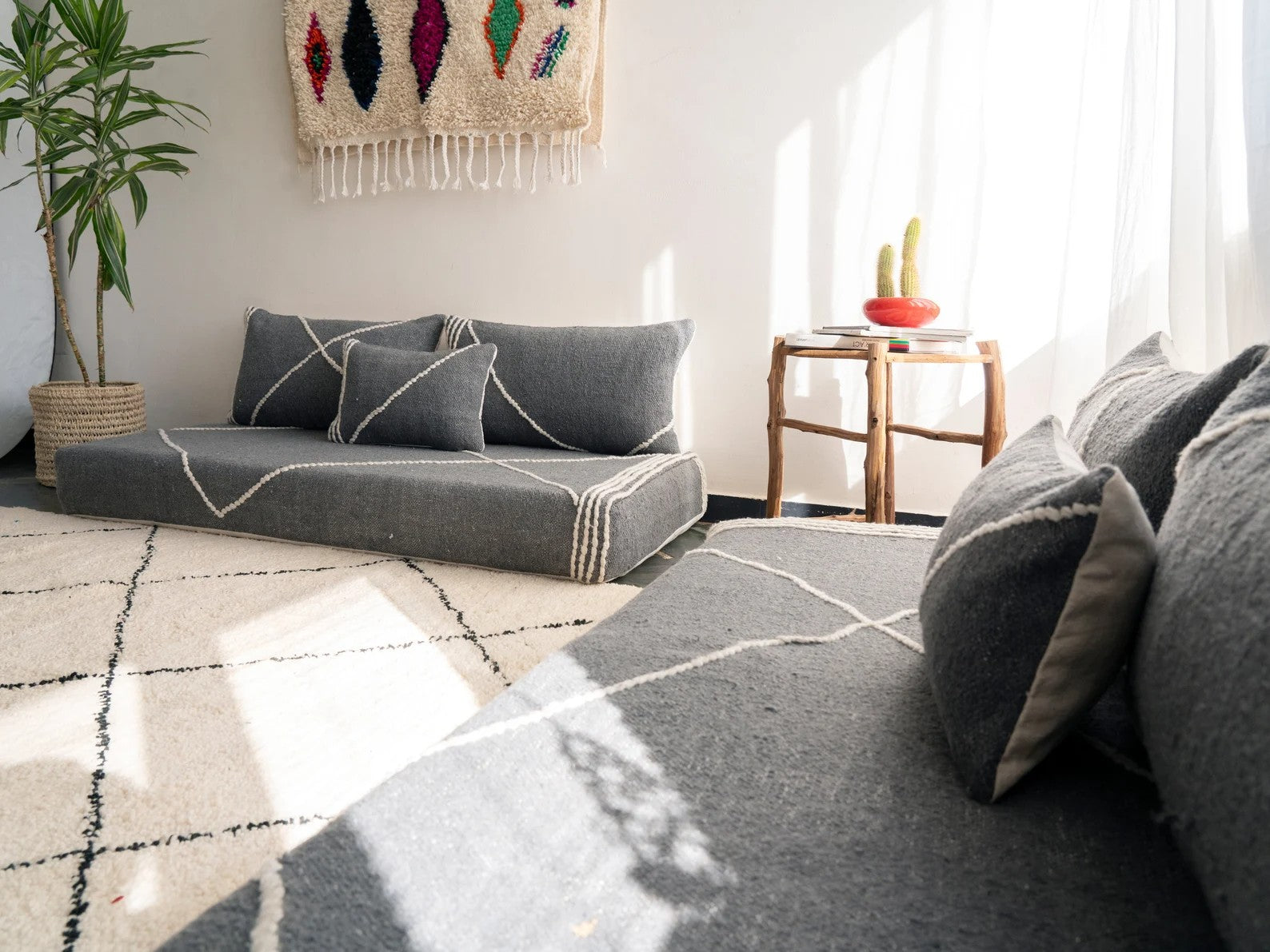 Yellow Modular Floor Cushions, White Striped Moroccan Floor Pillows, Loveseat Sofa, Floor Couches, Living Room Sofa