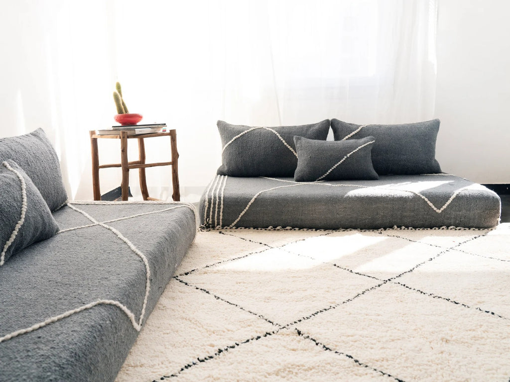 Yellow Modular Floor Cushions, White Striped Moroccan Floor Pillows, Loveseat Sofa, Floor Couches, Living Room Sofa