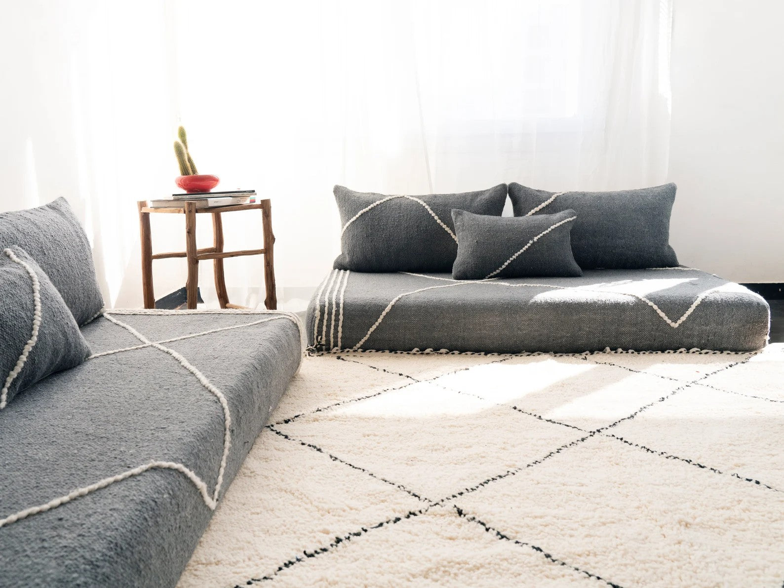 Yellow Modular Floor Cushions, White Striped Moroccan Floor Pillows, Loveseat Sofa, Floor Couches, Living Room Sofa