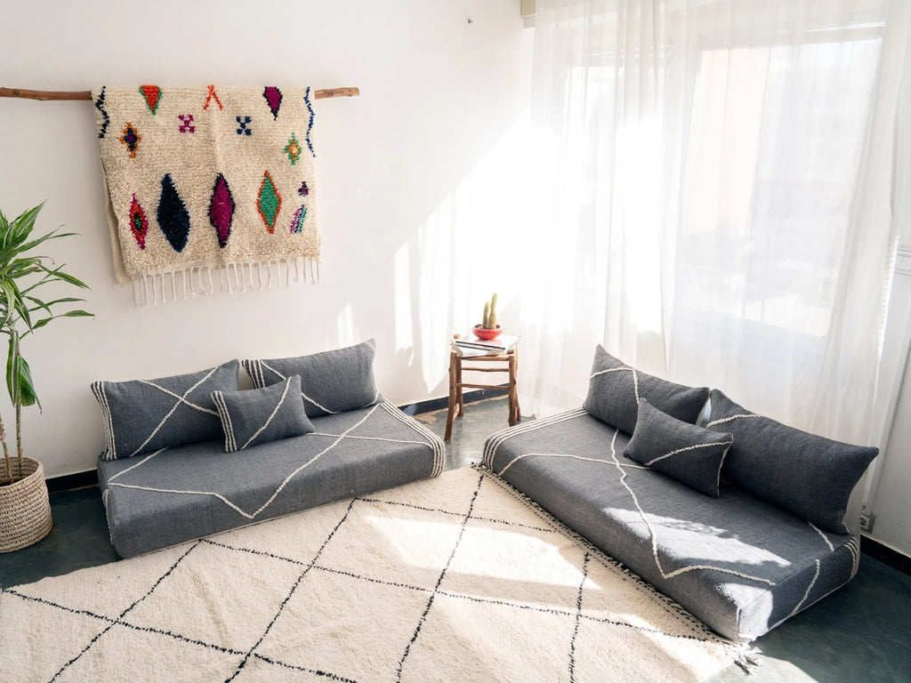 Yellow Modular Floor Cushions, White Striped Moroccan Floor Pillows, Loveseat Sofa, Floor Couches, Living Room Sofa