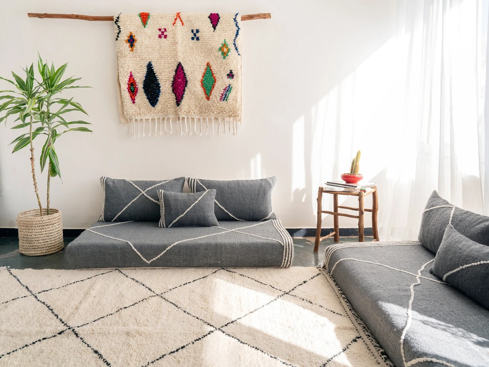 Yellow Modular Floor Cushions, White Striped Moroccan Floor Pillows, Loveseat Sofa, Floor Couches, Living Room Sofa