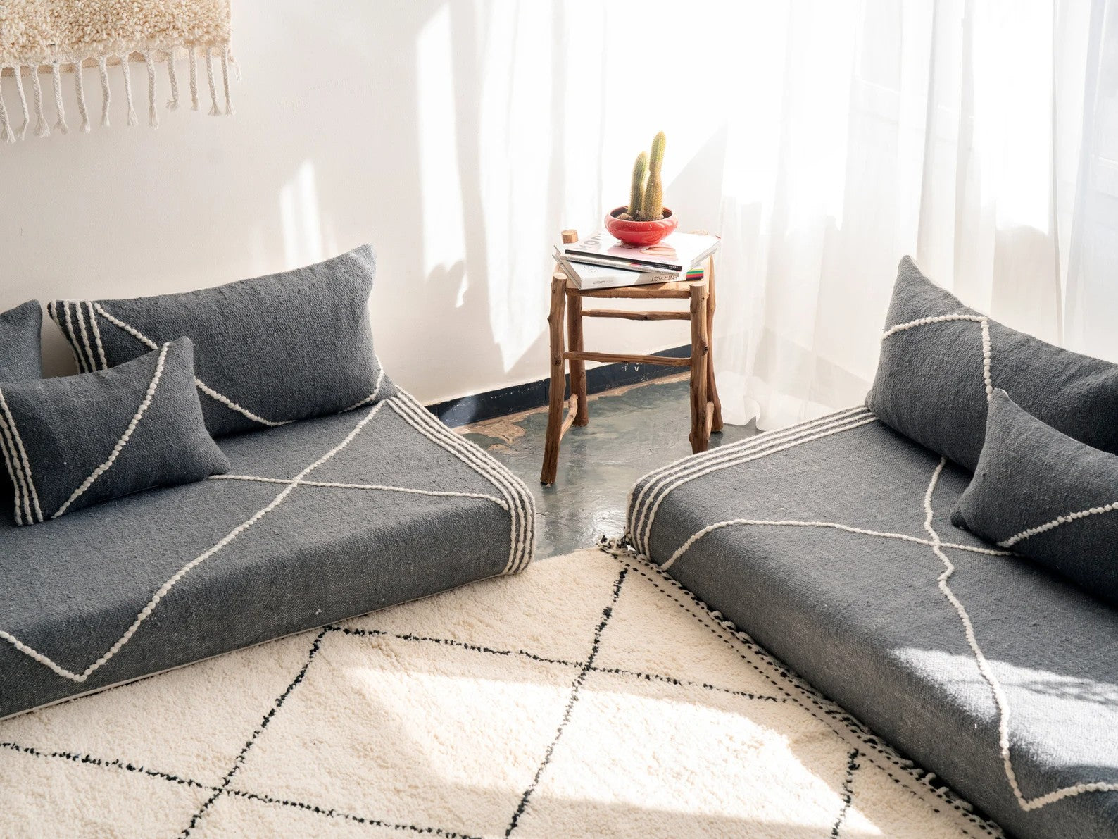 Yellow Modular Floor Cushions, White Striped Moroccan Floor Pillows, Loveseat Sofa, Floor Couches, Living Room Sofa