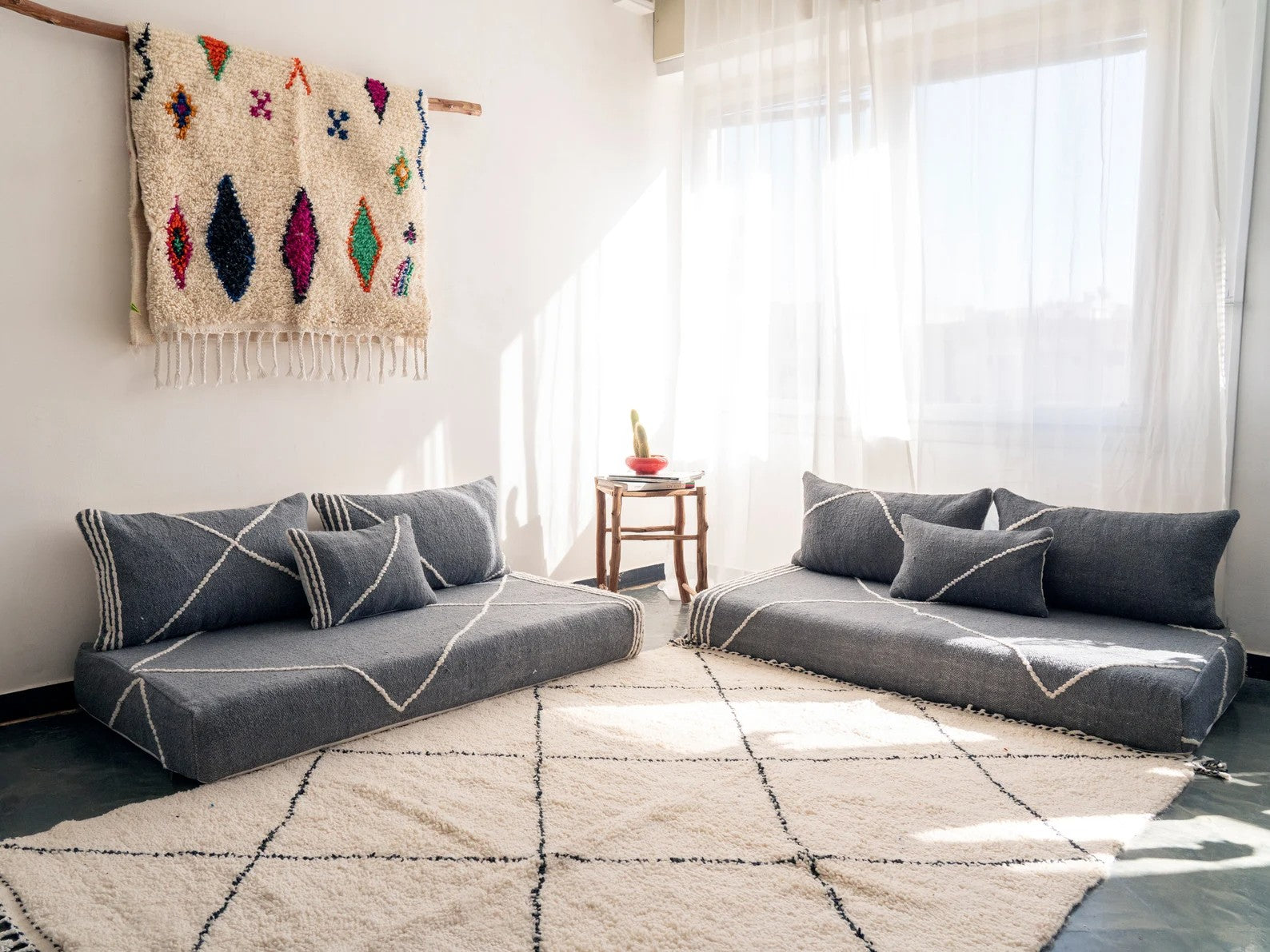 Yellow Modular Floor Cushions, White Striped Moroccan Floor Pillows, Loveseat Sofa, Floor Couches, Living Room Sofa