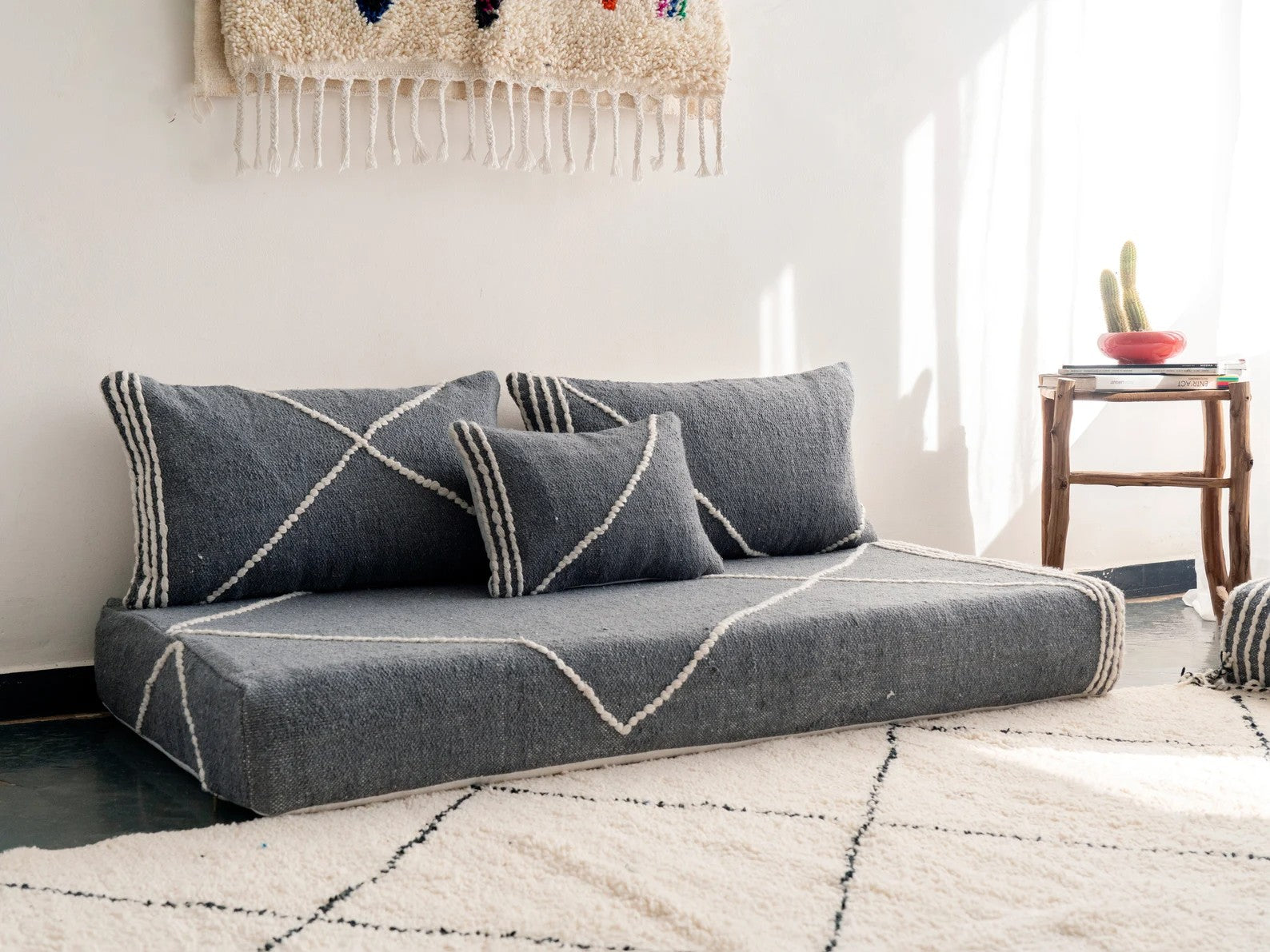 Yellow Modular Floor Cushions, White Striped Moroccan Floor Pillows, Loveseat Sofa, Floor Couches, Living Room Sofa