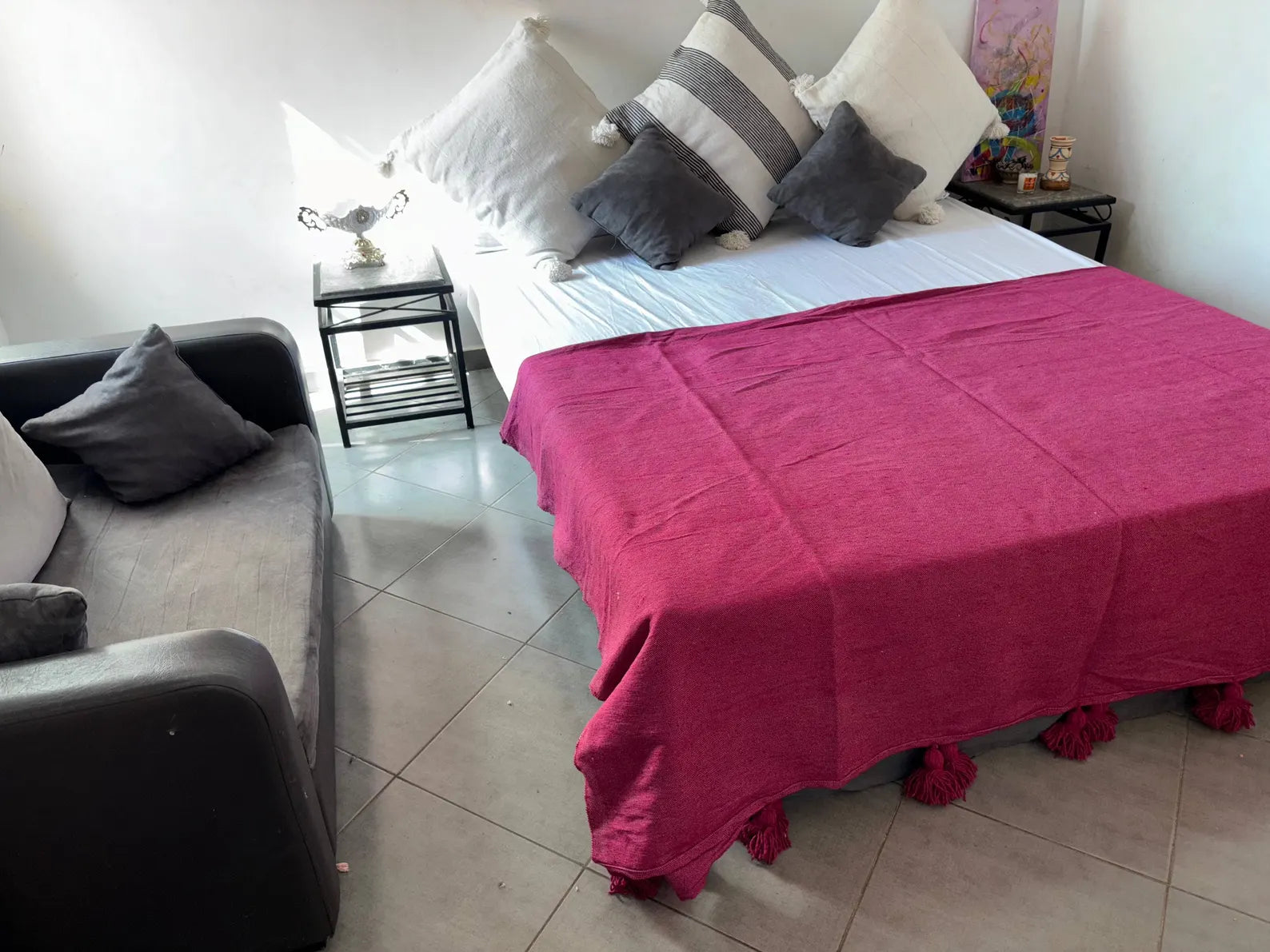 Moroccan Pompom throw blanket for sofa