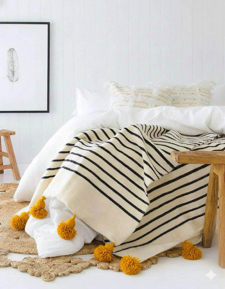 Moroccan Pompom throw blanket for sofa - Cream Blanket with Mustard Yellow Pompoms
