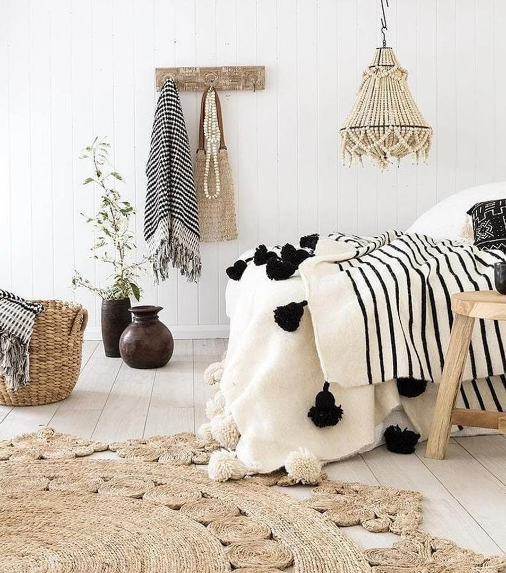 Moroccan Pompom throw blanket for sofa - Cream Blanket with Mustard Yellow Pompoms