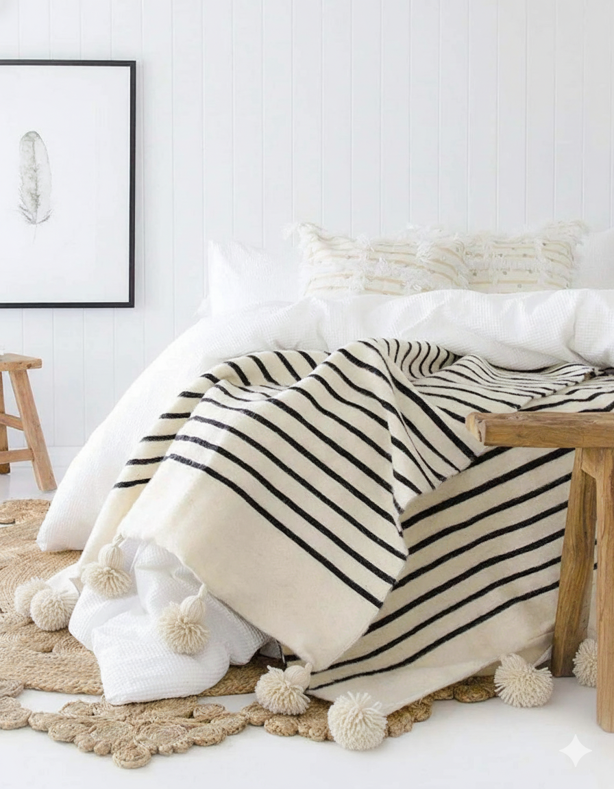 Moroccan Pompom throw blanket for sofa - Cream Blanket with Mustard Yellow Pompoms