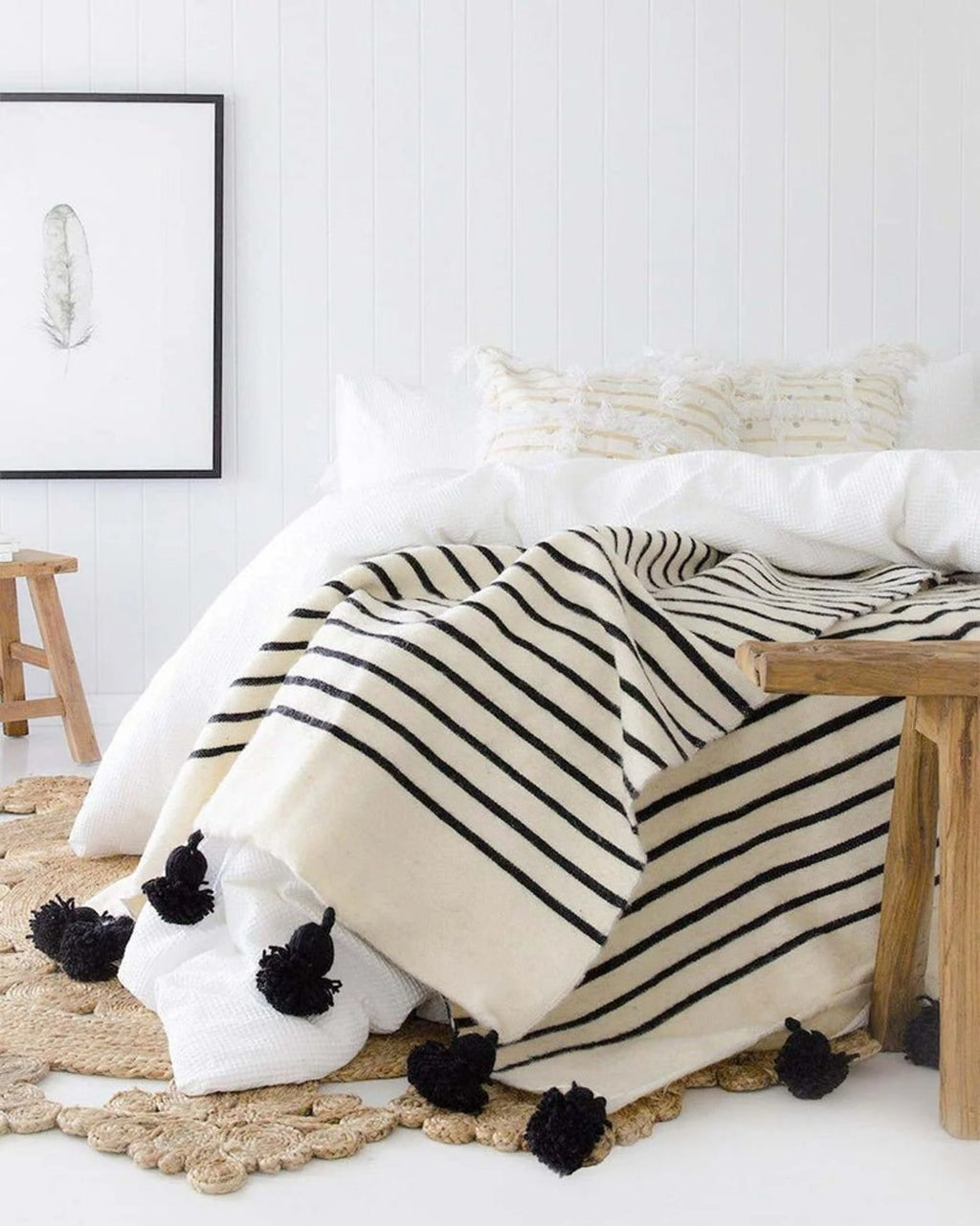 Moroccan Pompom throw blanket for sofa - Cream Blanket with Mustard Yellow Pompoms