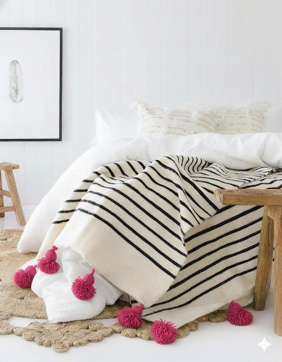 Moroccan Pompom throw blanket for sofa - Cream Blanket with Mustard Yellow Pompoms